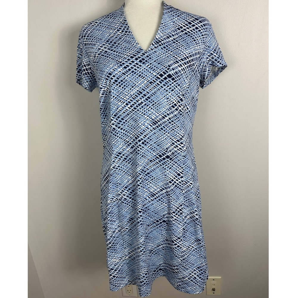 J. McLaughlin Blue Printed Short Sleeve Midi Dress Womens Size Medium Preppy